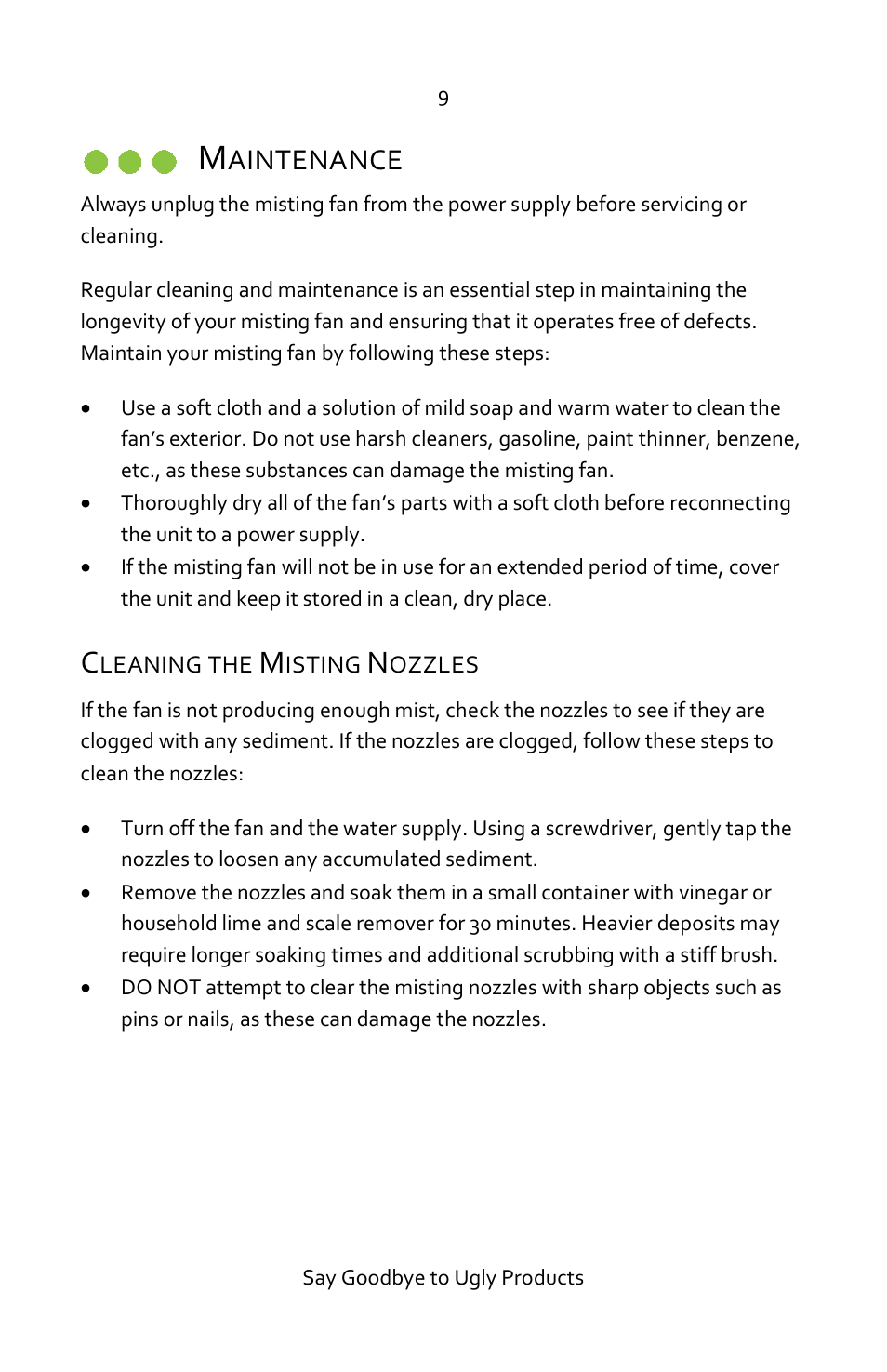 Maintenance, Cleaning the misting nozzles, Aintenance | Luma Comfort MF18W User Manual | Page 9 / 12