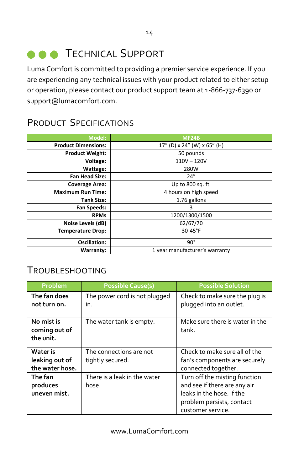 Technical support, Product specifications, Troubleshooting | Echnical, Upport, Roduct, Pecifications, Roubleshooting | Luma Comfort MF24B Manual User Manual | Page 14 / 15