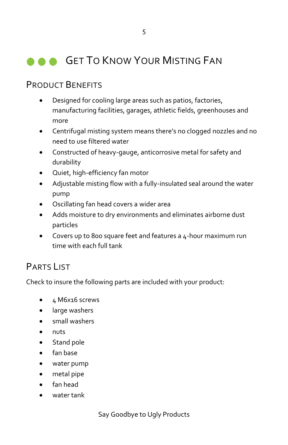 Get to know your misting fan, Product benefits, Parts list | Isting | Luma Comfort MF24B Manual User Manual | Page 5 / 15