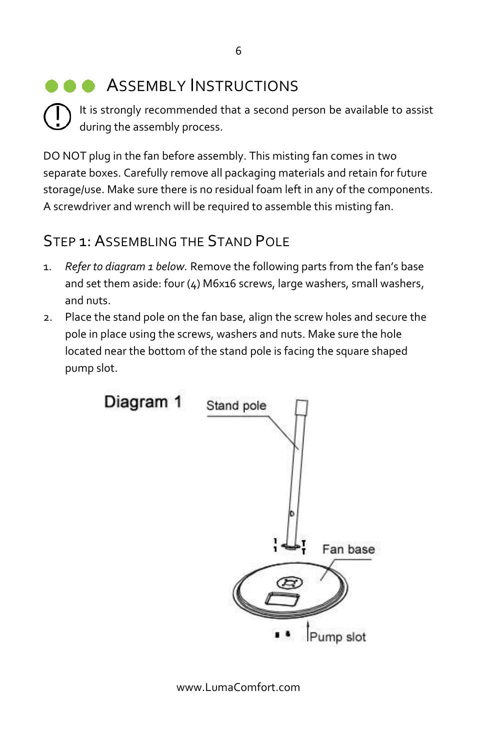 Assembly instructions, Step 1: assembling the stand pole | Luma Comfort MF24B Manual User Manual | Page 6 / 15