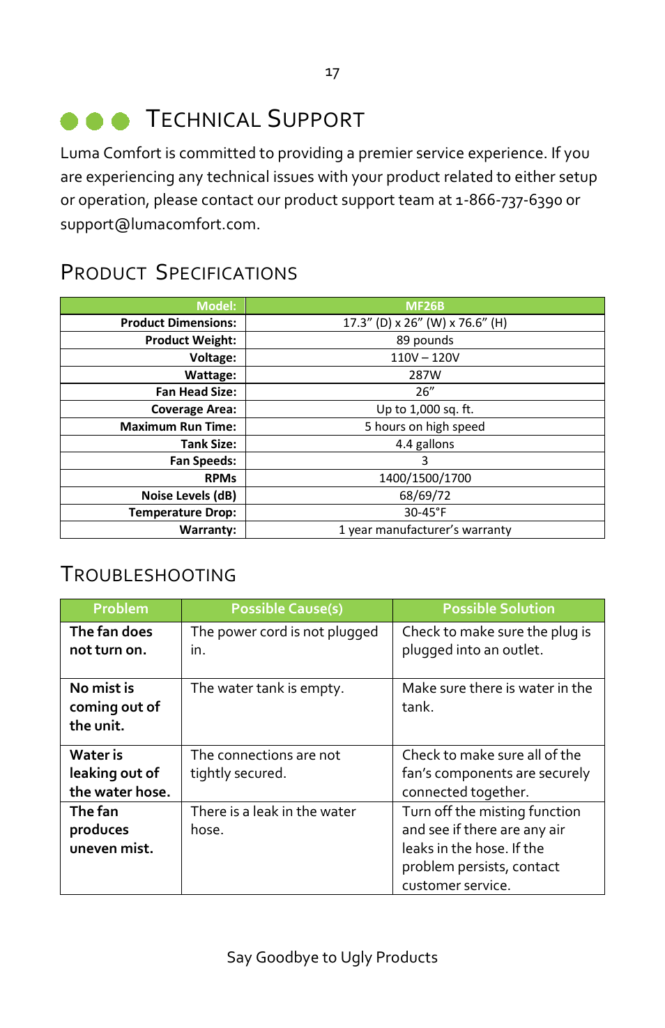 Technical support, Product specifications, Troubleshooting | Echnical, Upport | Luma Comfort MF26B Manual User Manual | Page 17 / 18