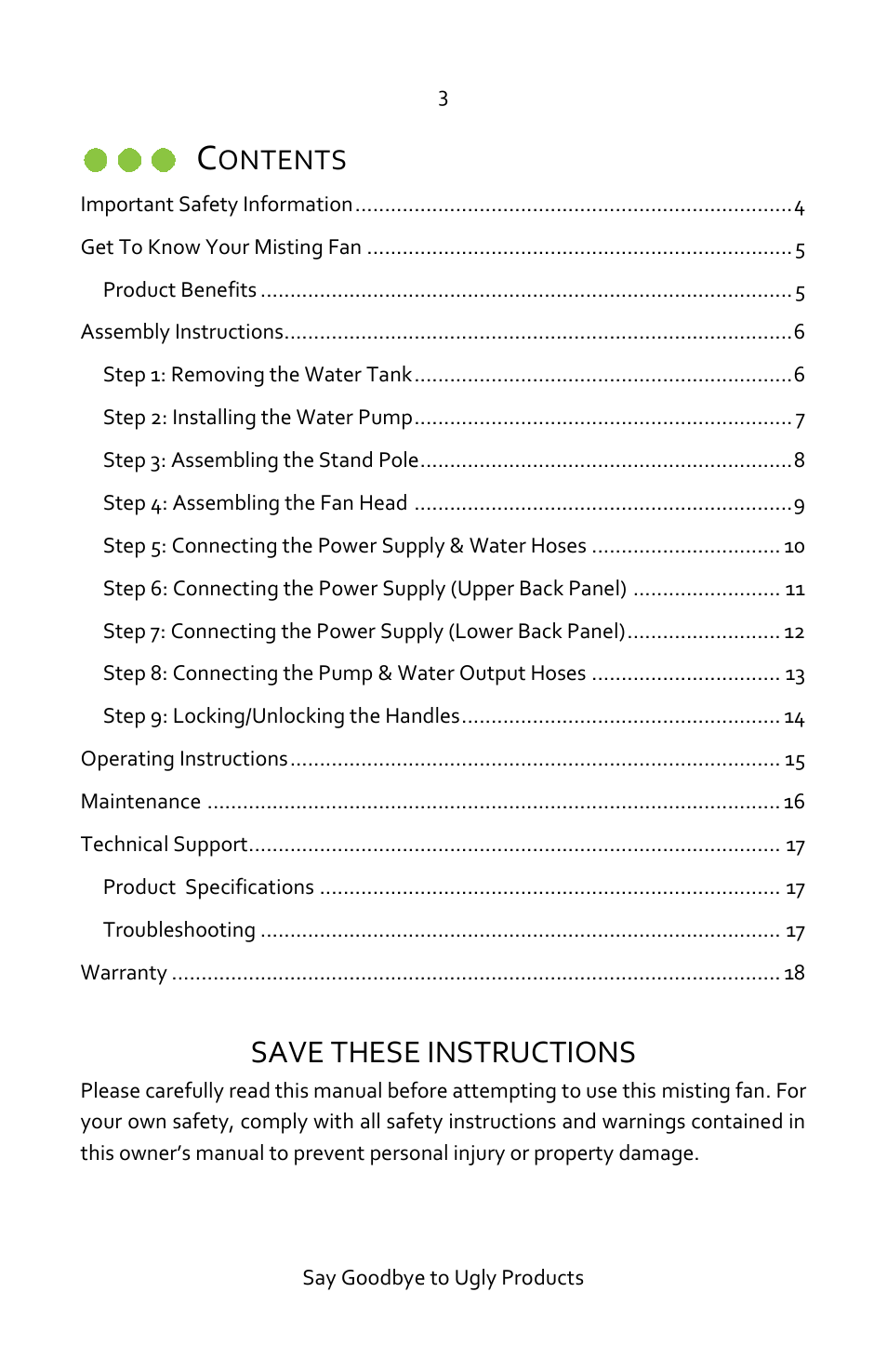 Save these instructions, Ontents | Luma Comfort MF26B Manual User Manual | Page 3 / 18