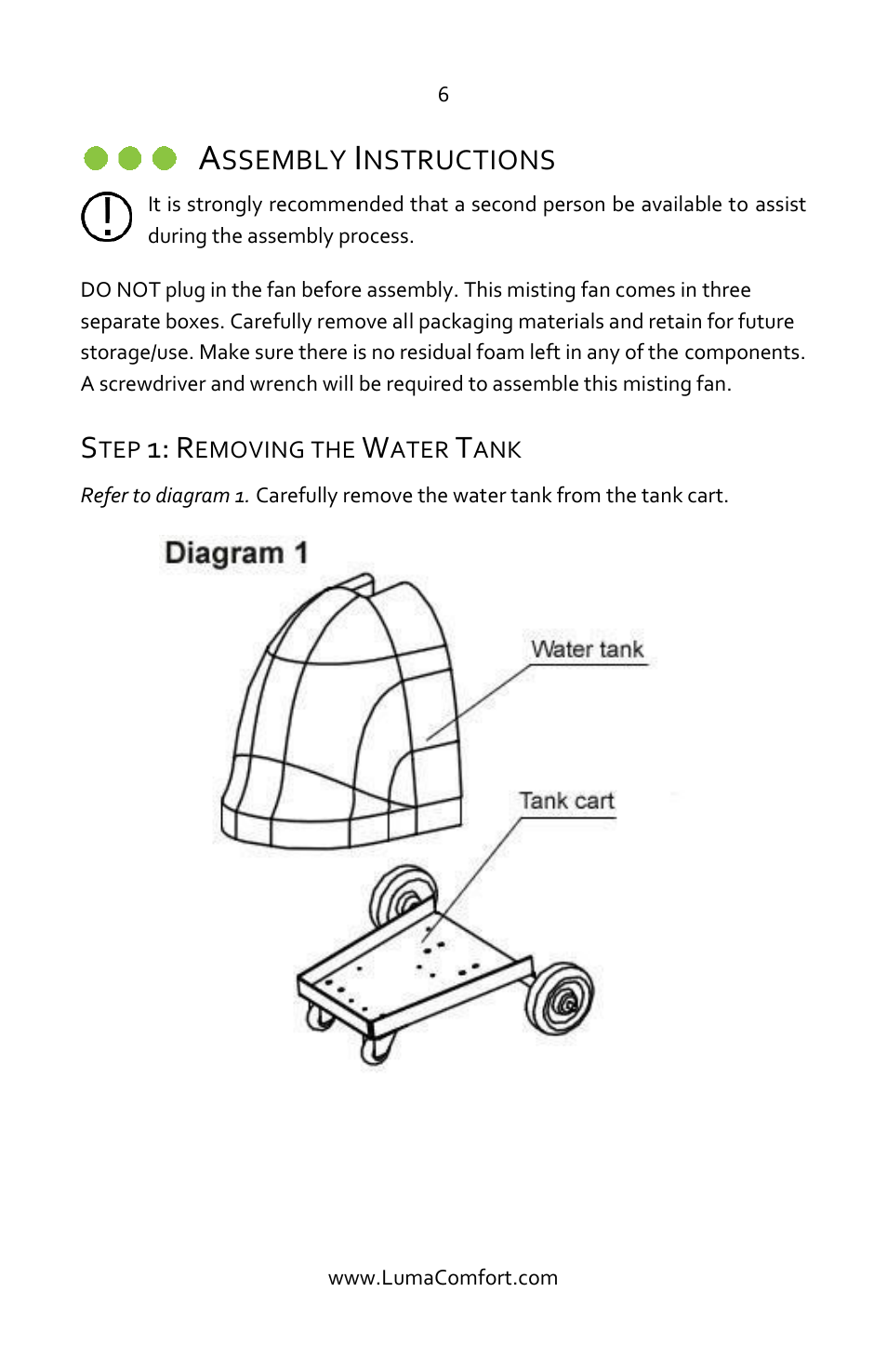 Assembly instructions, Step 1: removing the water tank | Luma Comfort MF26B Manual User Manual | Page 6 / 18