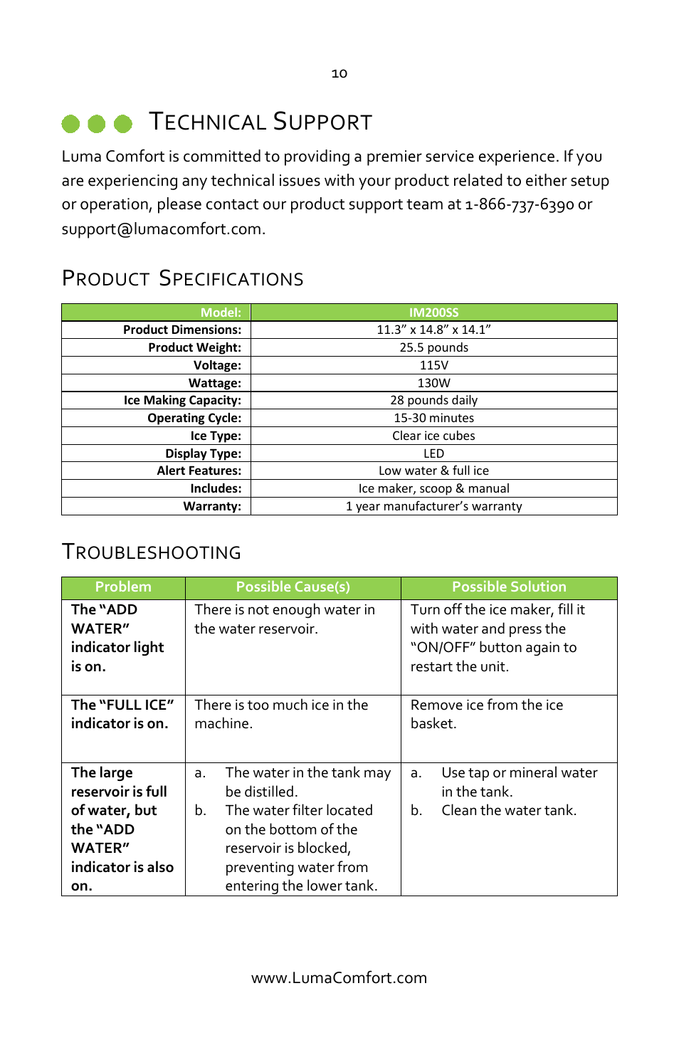 Technical support, Product specifications, Troubleshooting | Echnical, Upport | Luma Comfort IM200SS Manual User Manual | Page 10 / 12