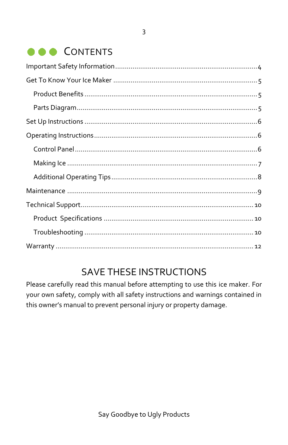 Save these instructions, Ontents | Luma Comfort IM200SS Manual User Manual | Page 3 / 12