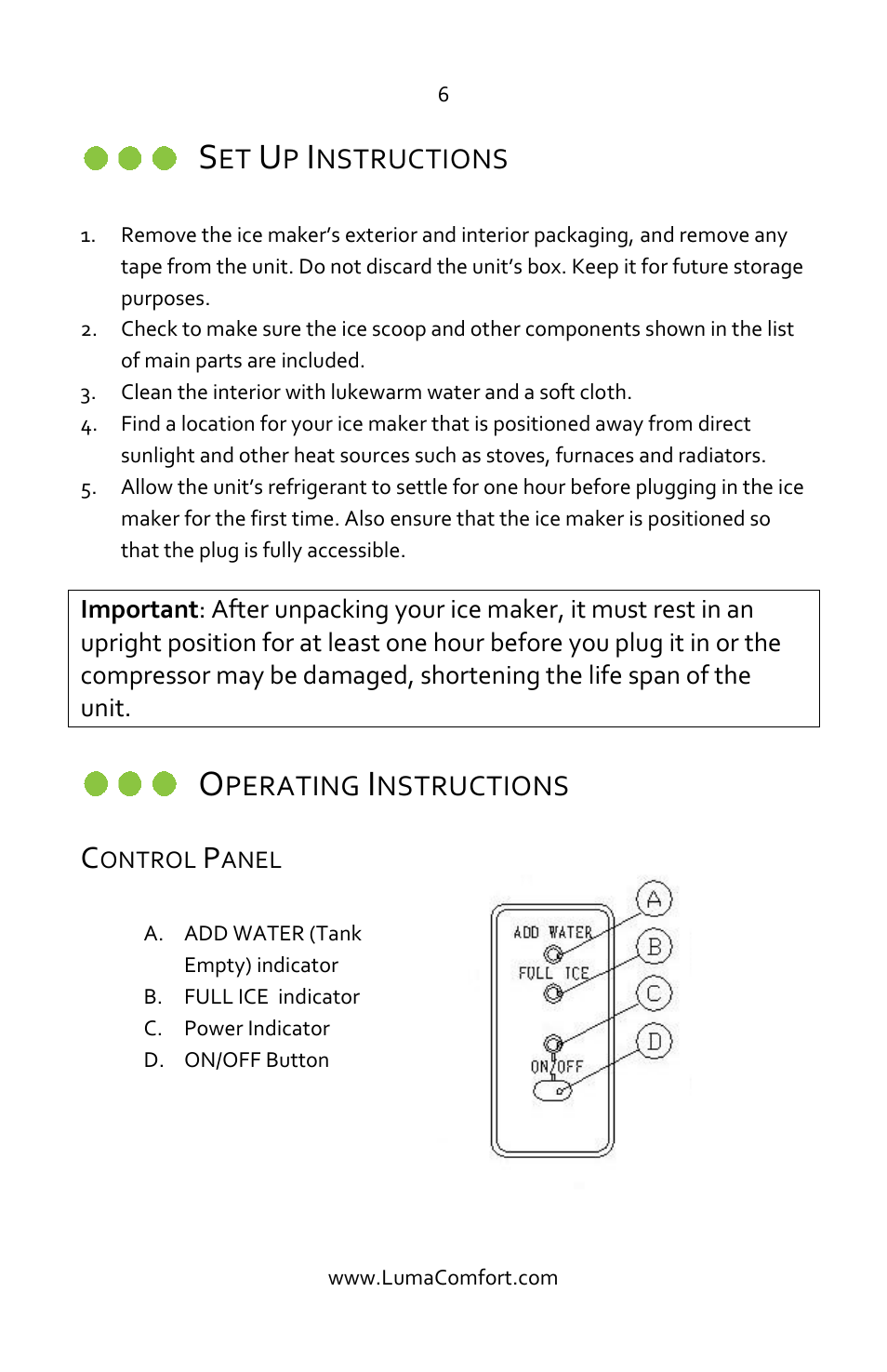 Set up instructions, Operating instructions, Control panel | Luma Comfort IM200SS Manual User Manual | Page 6 / 12