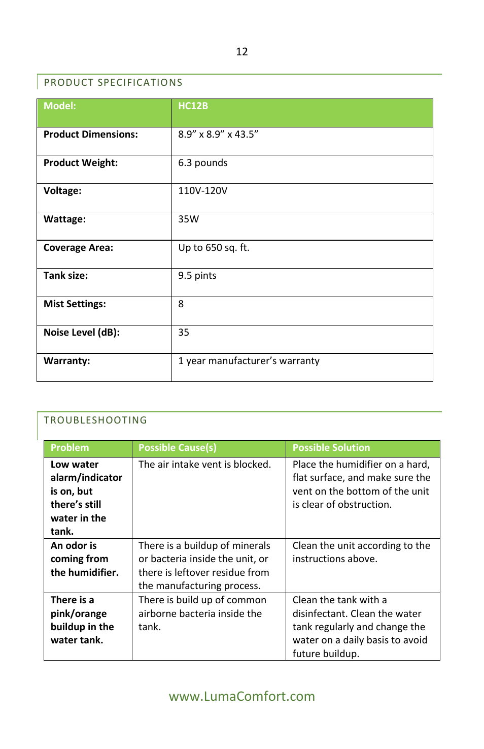 Product specifications, Troubleshooting | Luma Comfort HC12W User Manual | Page 12 / 14