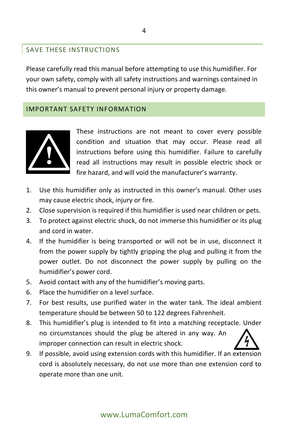 Save these instructions, Important safety information | Luma Comfort HC12W User Manual | Page 4 / 14