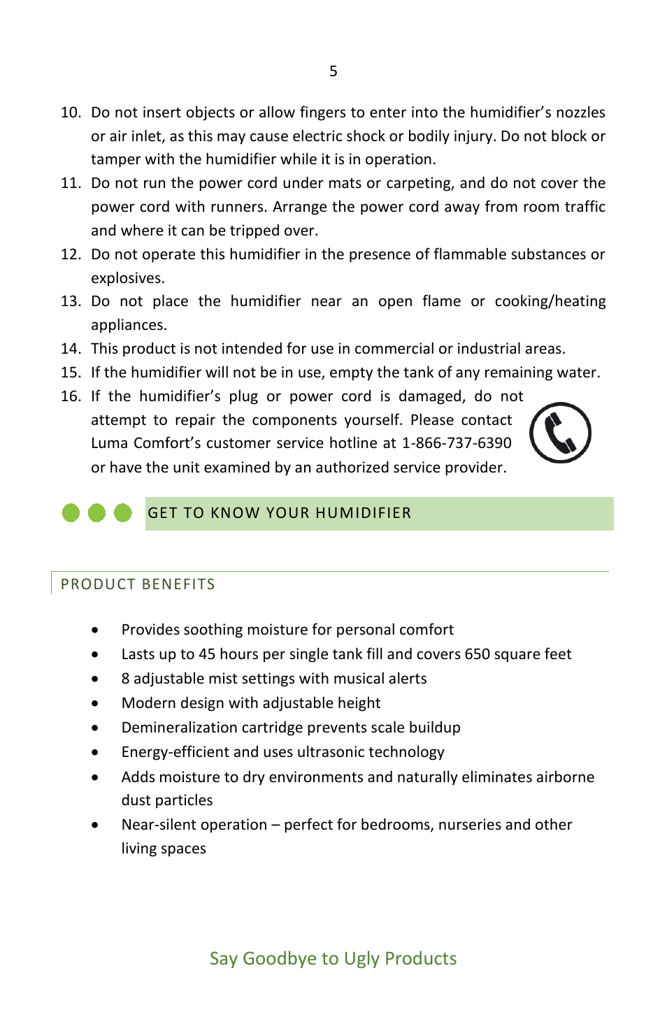 Get to know your humidifier, Product benefits, Say goodbye to ugly products | Luma Comfort HC12W User Manual | Page 5 / 14