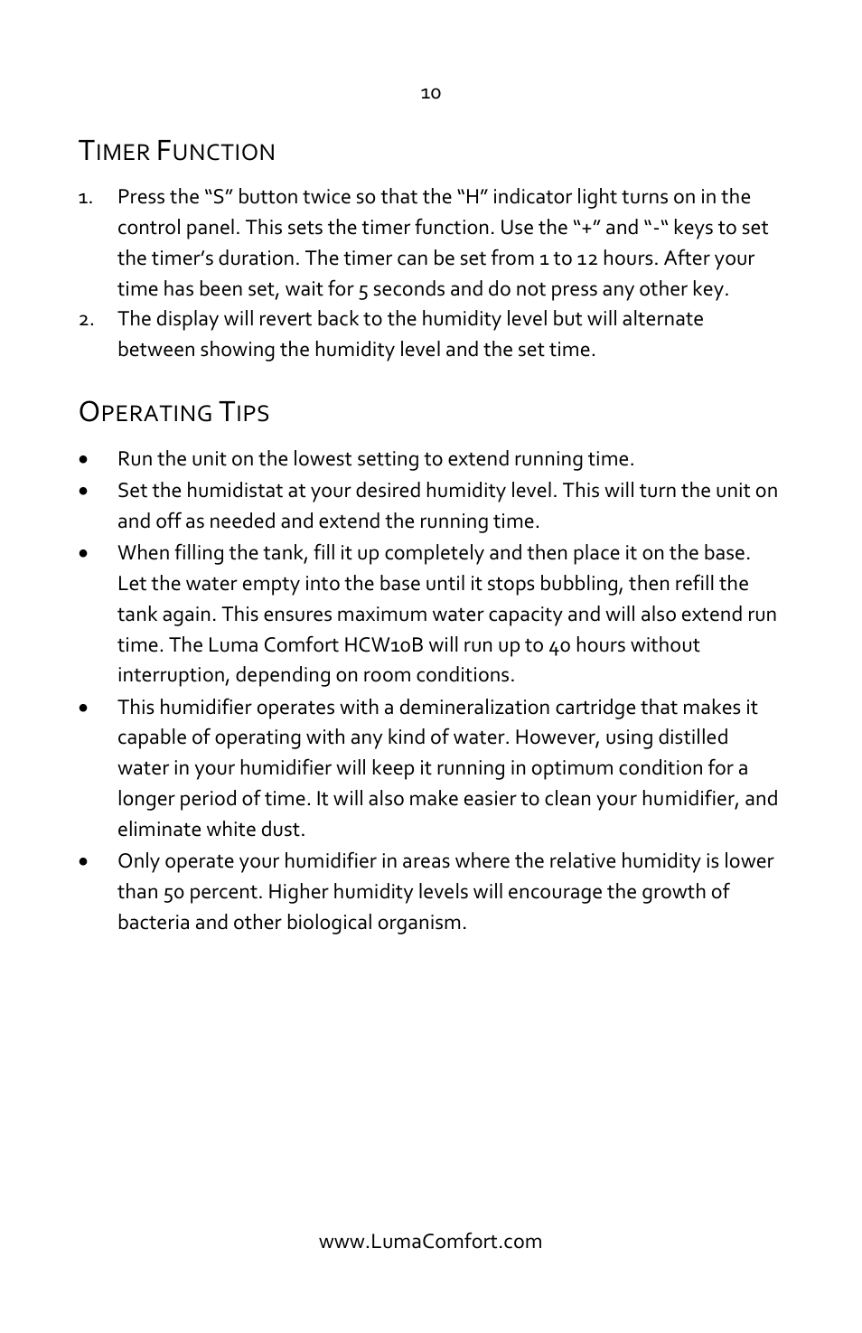 Timer function, Operating tips | Luma Comfort HCW10B User Manual | Page 10 / 14