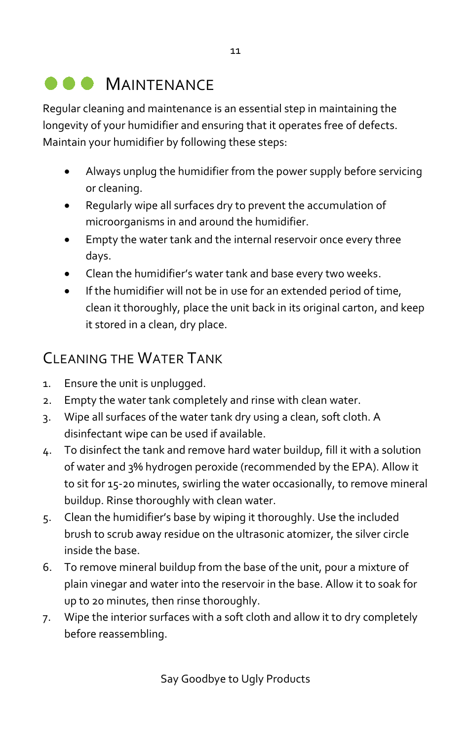Maintenance, Cleaning the water tank, Aintenance | Luma Comfort HCW10B User Manual | Page 11 / 14