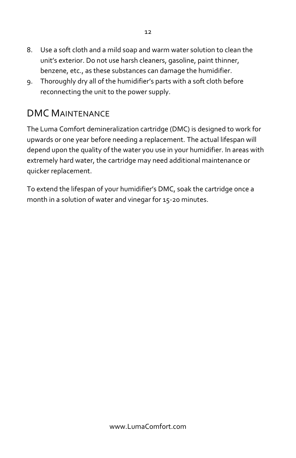 Dmc maintenance | Luma Comfort HCW10B User Manual | Page 12 / 14