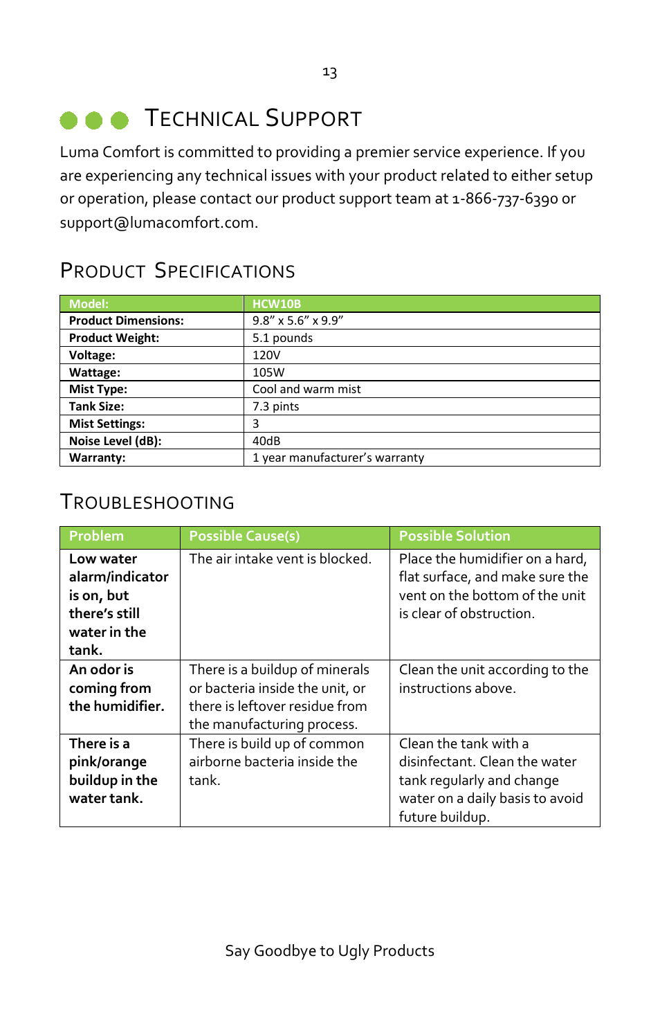 Technical support, Product specifications, Troubleshooting | Echnical, Upport | Luma Comfort HCW10B User Manual | Page 13 / 14