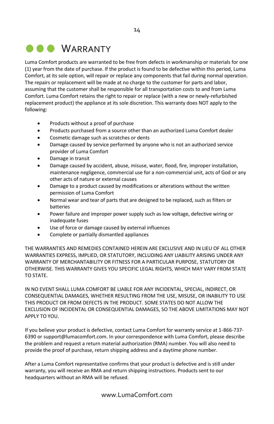 Warranty, Arranty | Luma Comfort HCW10B User Manual | Page 14 / 14