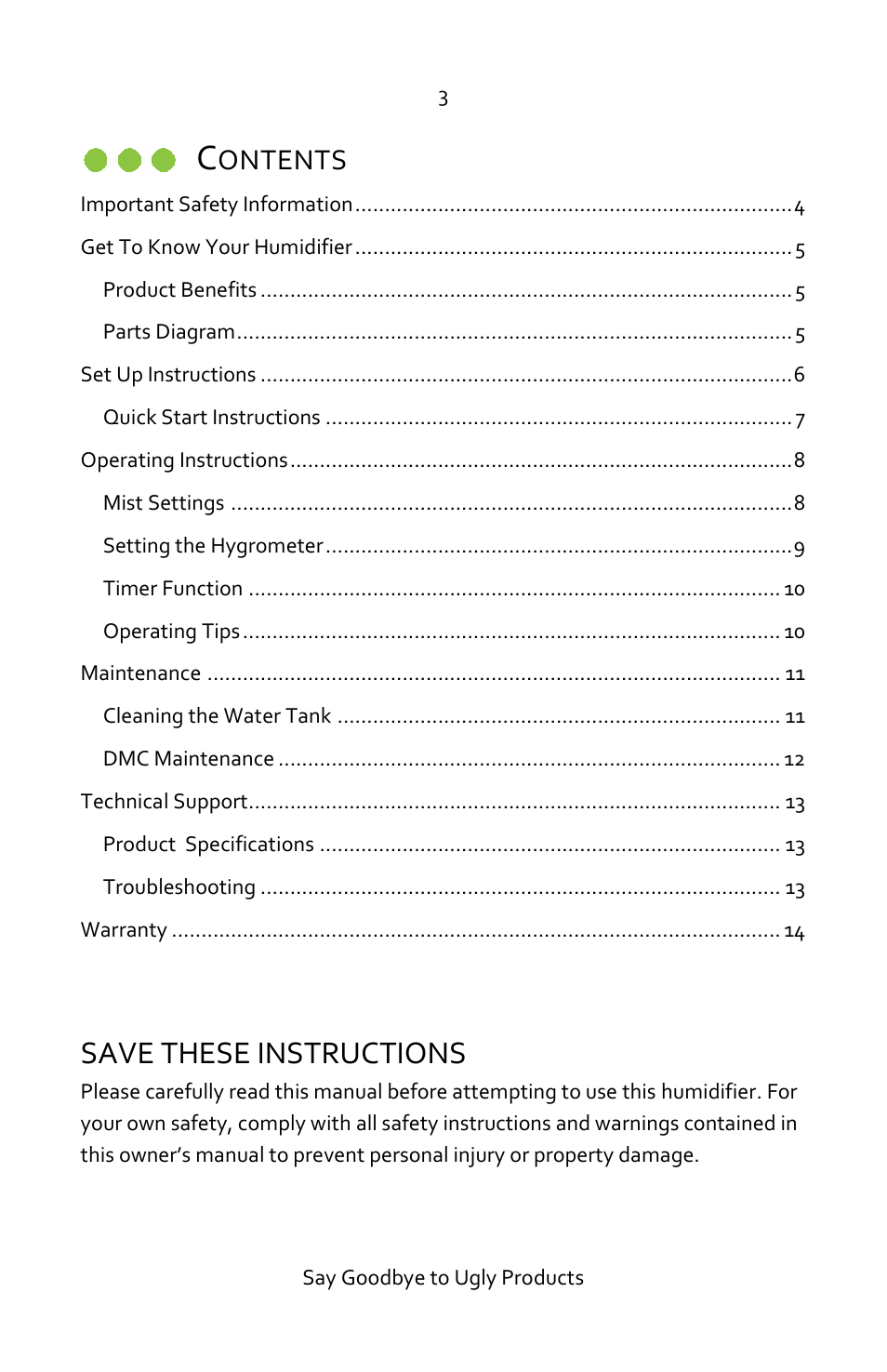 Save these instructions, Ontents | Luma Comfort HCW10B User Manual | Page 3 / 14