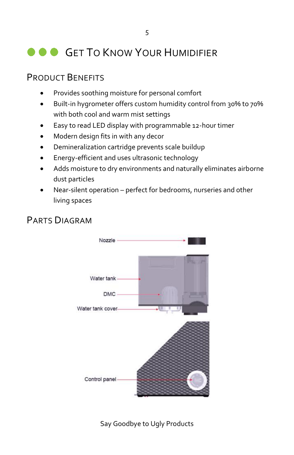 Get to know your humidifier, Product benefits, Parts diagram | Umidifier | Luma Comfort HCW10B User Manual | Page 5 / 14