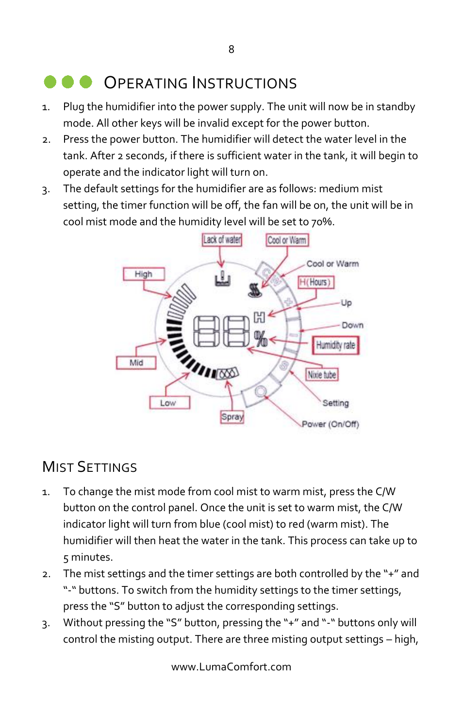Operating instructions, Mist settings, Perating | Nstructions | Luma Comfort HCW10B User Manual | Page 8 / 14