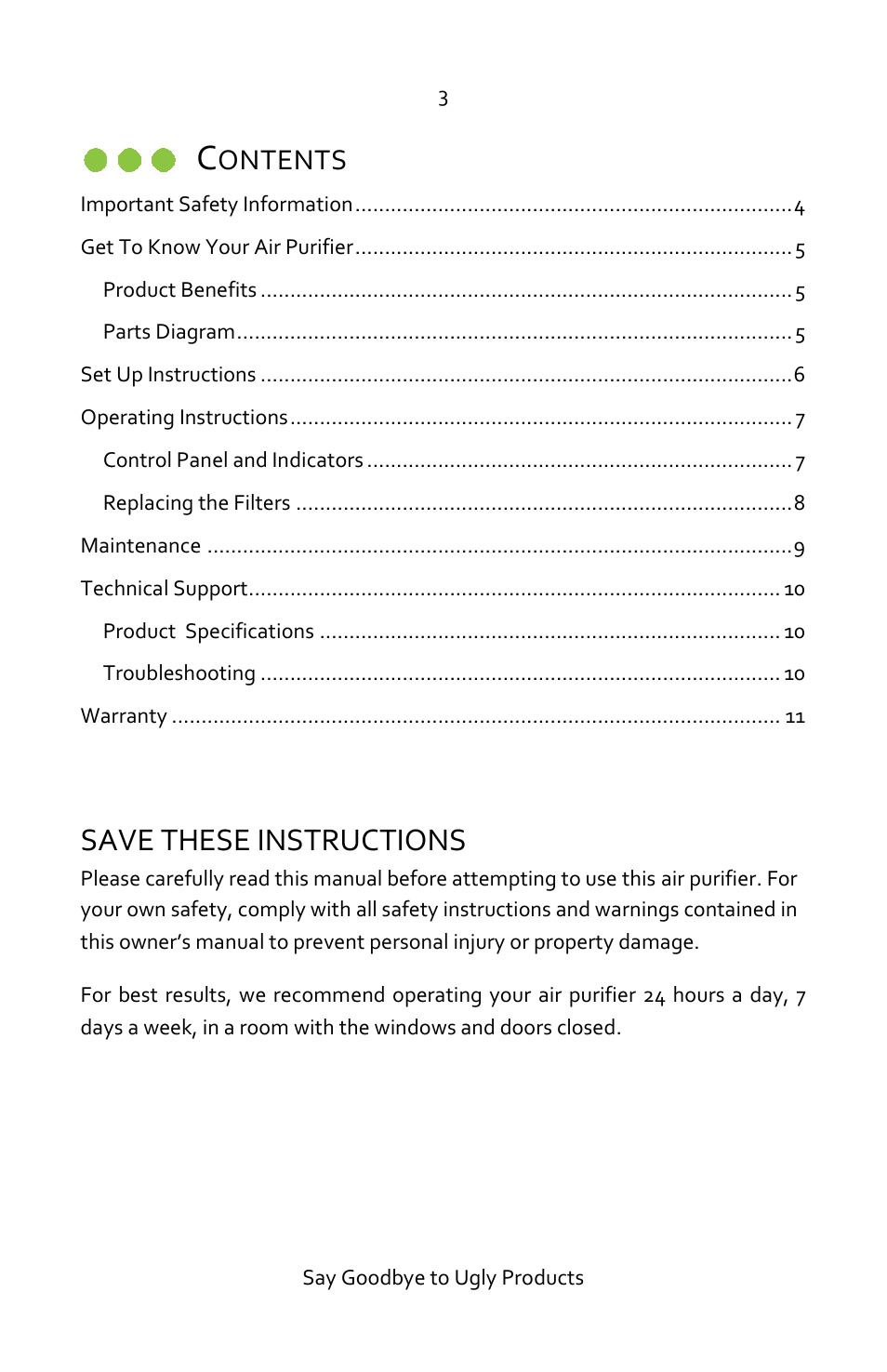 Save these instructions, Ontents | Luma Comfort AP400W Manual User Manual | Page 3 / 11