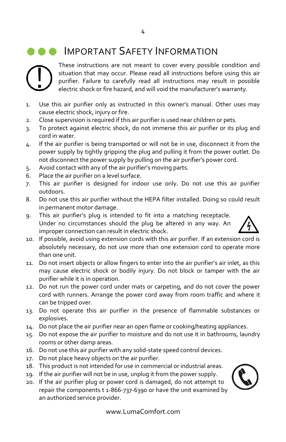 Important safety information, Mportant, Afety | Nformation | Luma Comfort AP400W Manual User Manual | Page 4 / 11