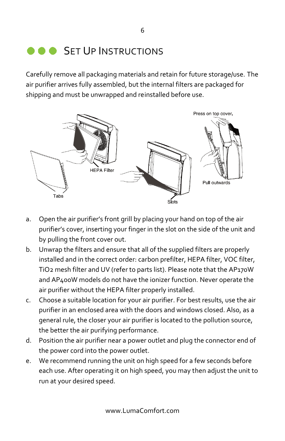 Set up instructions, Nstructions | Luma Comfort AP400W Manual User Manual | Page 6 / 11