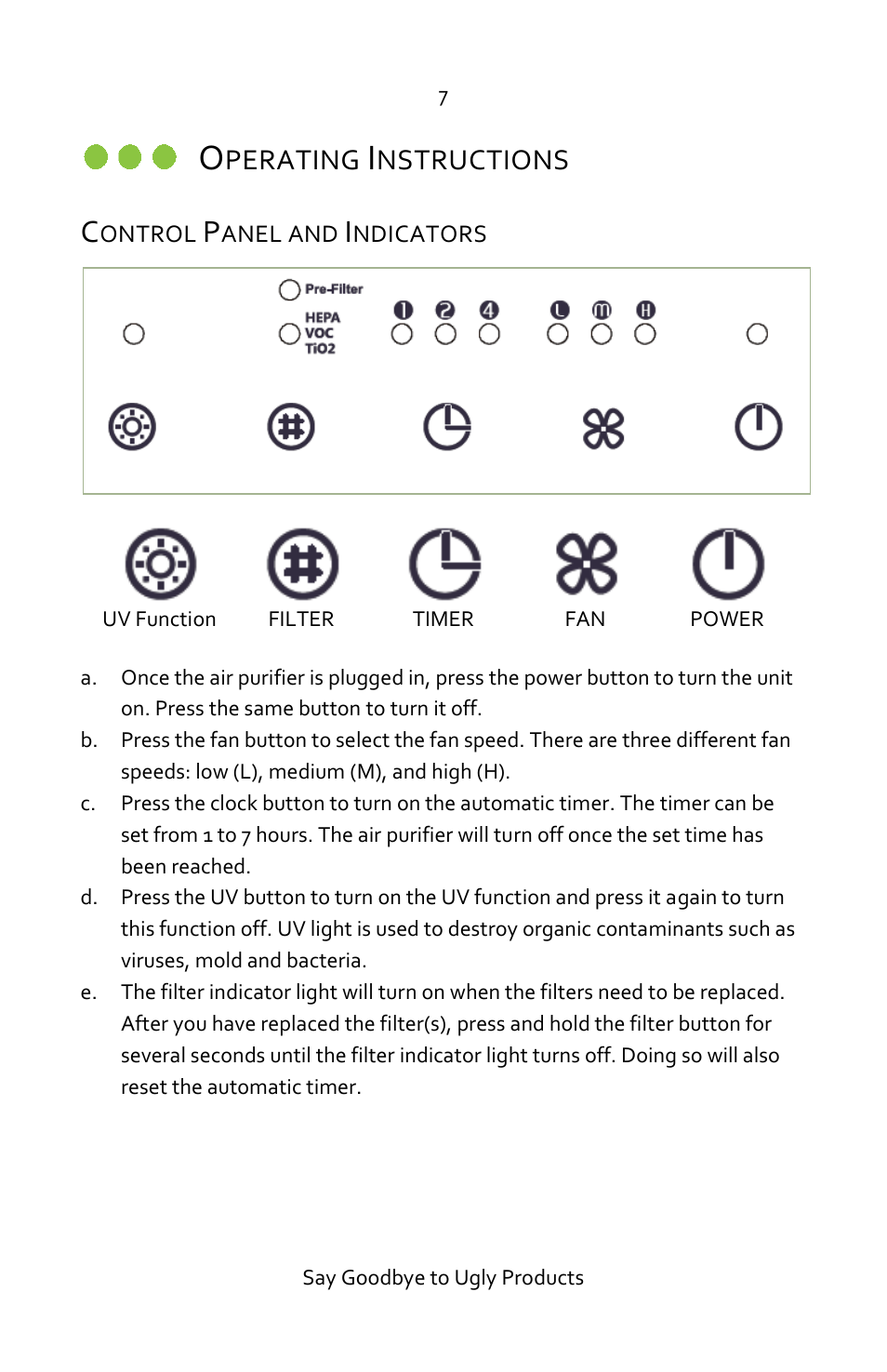 Operating instructions, Control panel and indicators, Perating | Nstructions | Luma Comfort AP400W Manual User Manual | Page 7 / 11