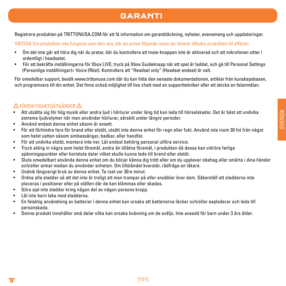 Garanti, Svensk | Mad Catz TRITTON Warhead 7.1 Wireless Surround Headset  User Manual | Page 101 / 132