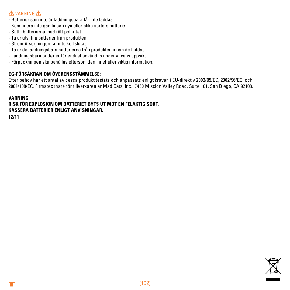 Varning | Mad Catz TRITTON Warhead 7.1 Wireless Surround Headset  User Manual | Page 102 / 132