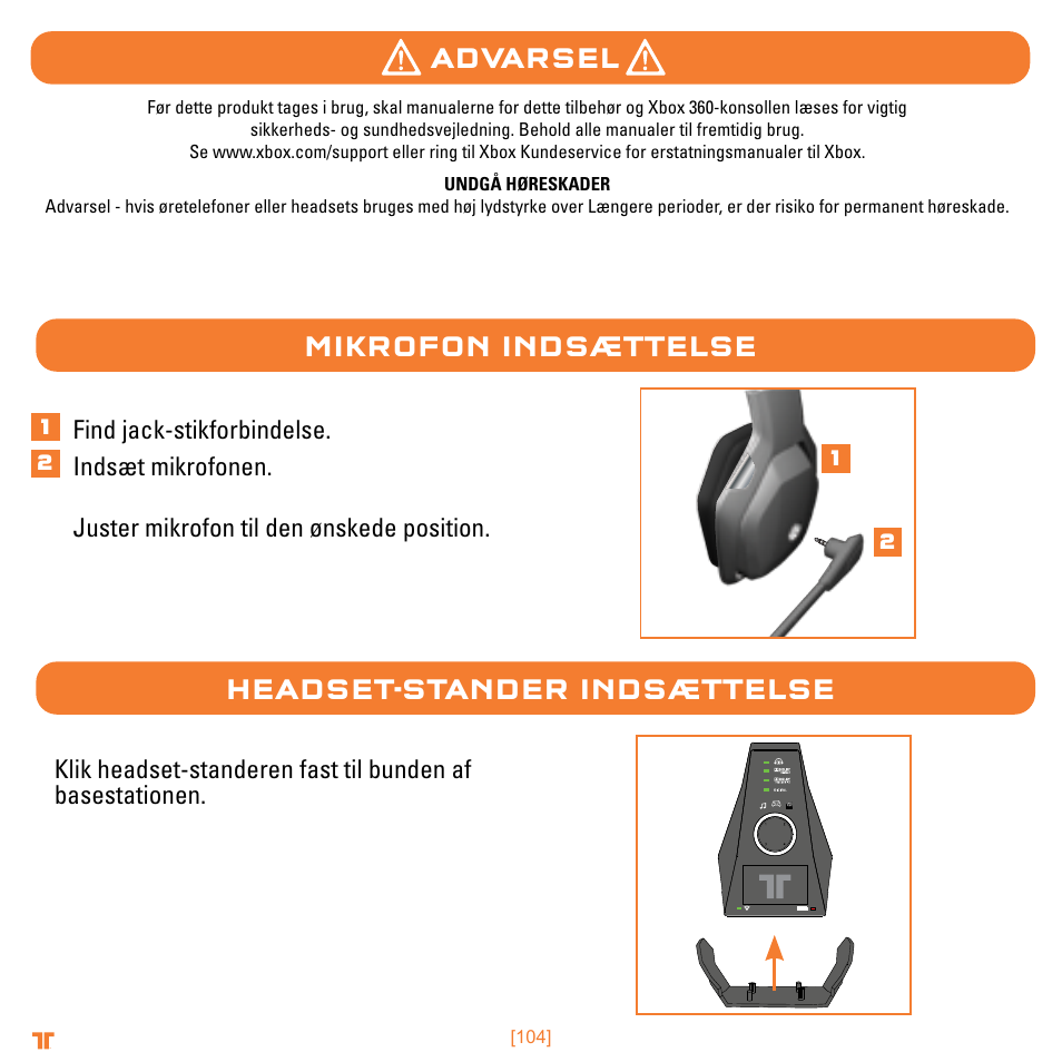 Mikrofon indsættelse headset-stander indsættelse, Advarsel | Mad Catz TRITTON Warhead 7.1 Wireless Surround Headset  User Manual | Page 104 / 132