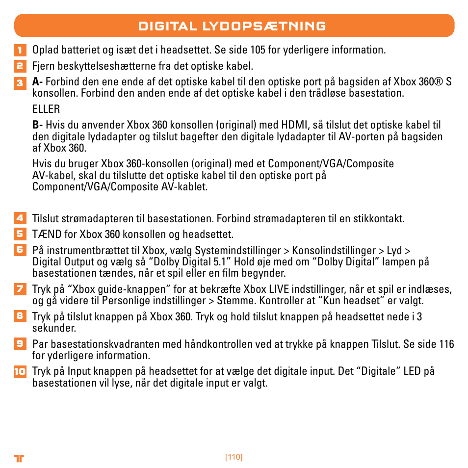 Digital lydopsætning | Mad Catz TRITTON Warhead 7.1 Wireless Surround Headset  User Manual | Page 110 / 132