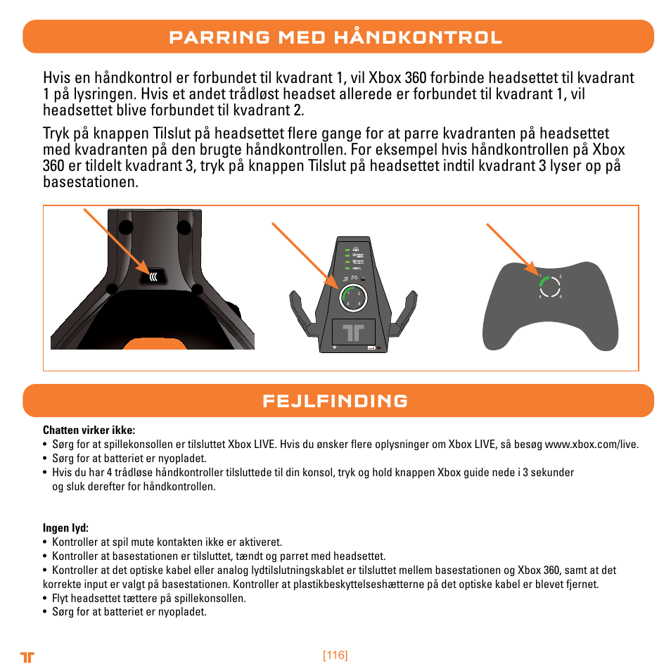 Parring med håndkontrol, Fejlfinding | Mad Catz TRITTON Warhead 7.1 Wireless Surround Headset  User Manual | Page 116 / 132