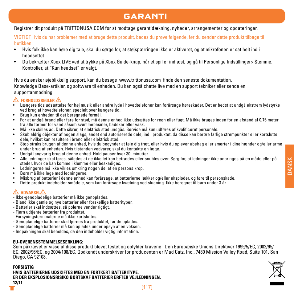 Garanti, Dansk | Mad Catz TRITTON Warhead 7.1 Wireless Surround Headset  User Manual | Page 117 / 132