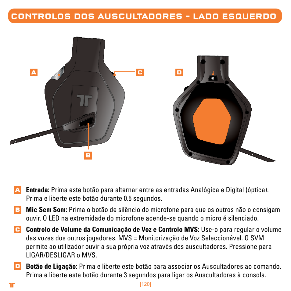 Controlos dos auscultadores – lado esquerdo | Mad Catz TRITTON Warhead 7.1 Wireless Surround Headset  User Manual | Page 120 / 132