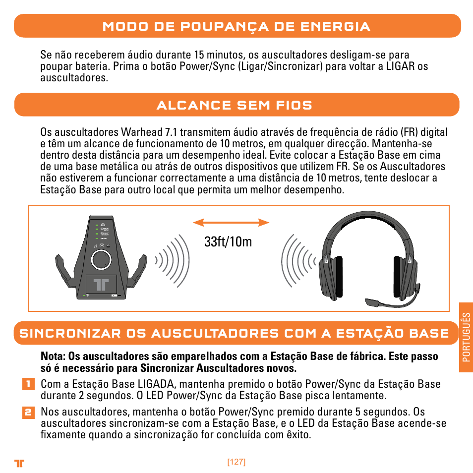 33ft/10m, Modo de poupança de energia, Alcance sem fios | Sincronizar os auscultadores com a estação base, Português | Mad Catz TRITTON Warhead 7.1 Wireless Surround Headset  User Manual | Page 127 / 132