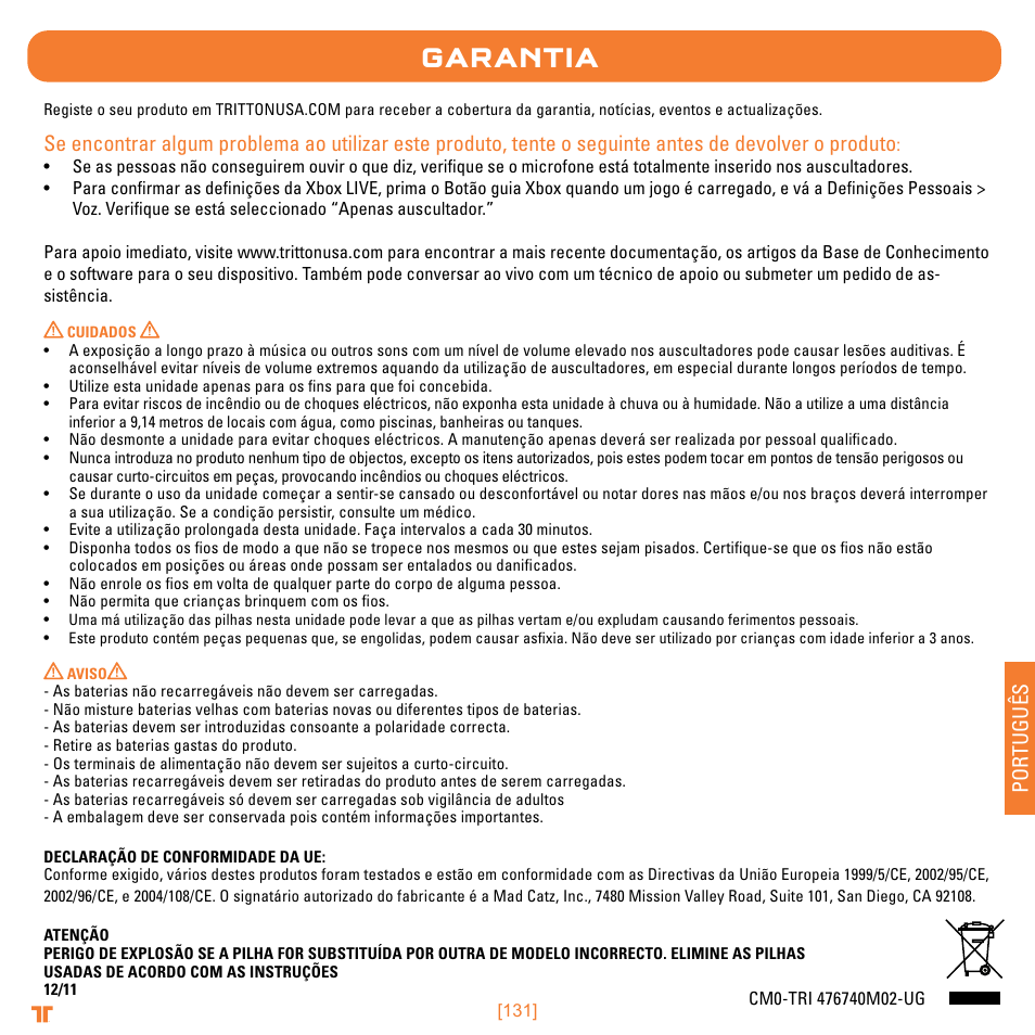 Garantia, Português | Mad Catz TRITTON Warhead 7.1 Wireless Surround Headset  User Manual | Page 131 / 132