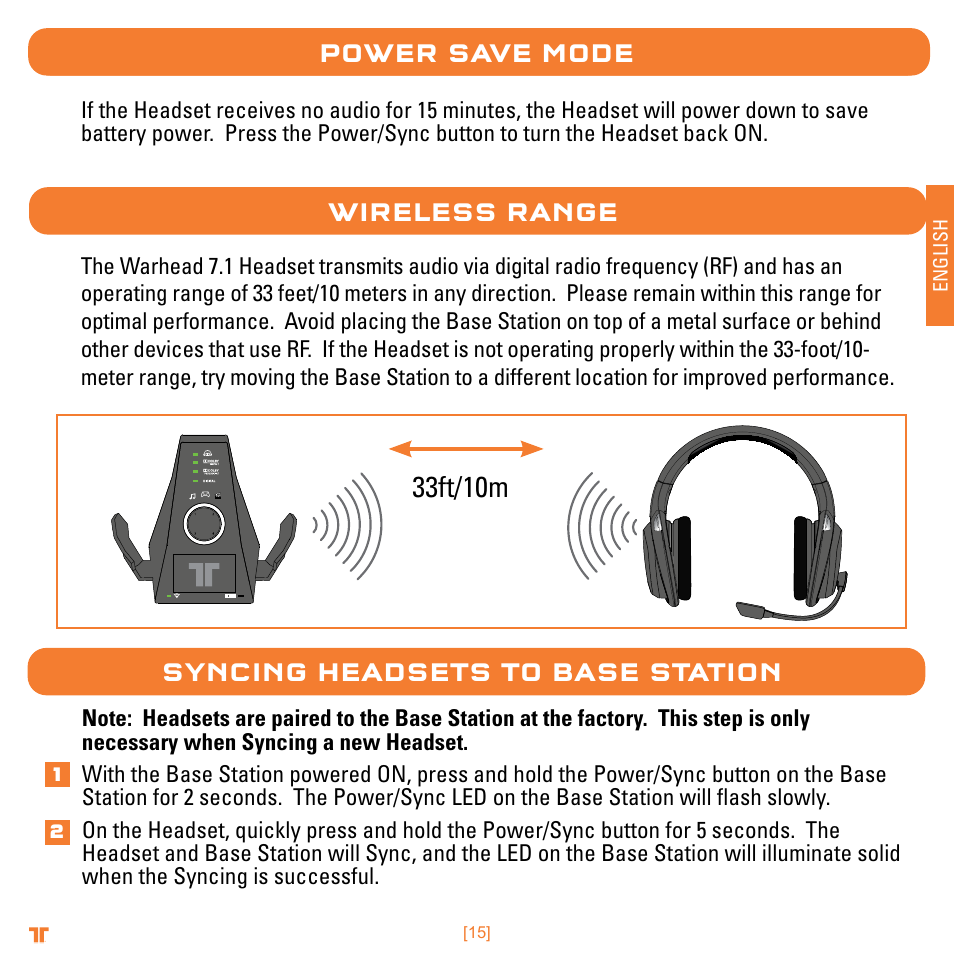 33ft/10m, Power save mode, Wireless range | Syncing headsets to base station, English | Mad Catz TRITTON Warhead 7.1 Wireless Surround Headset  User Manual | Page 15 / 132