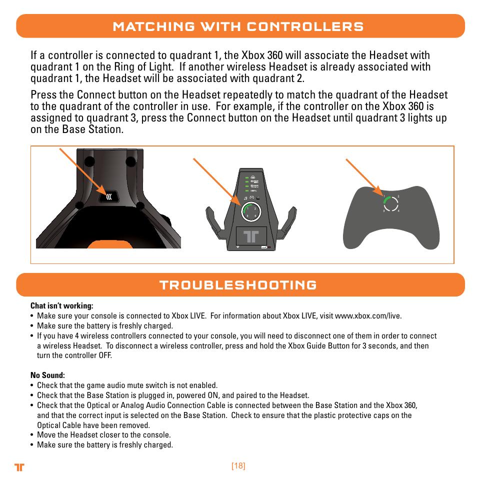 Matching with controllers, Troubleshooting | Mad Catz TRITTON Warhead 7.1 Wireless Surround Headset  User Manual | Page 18 / 132