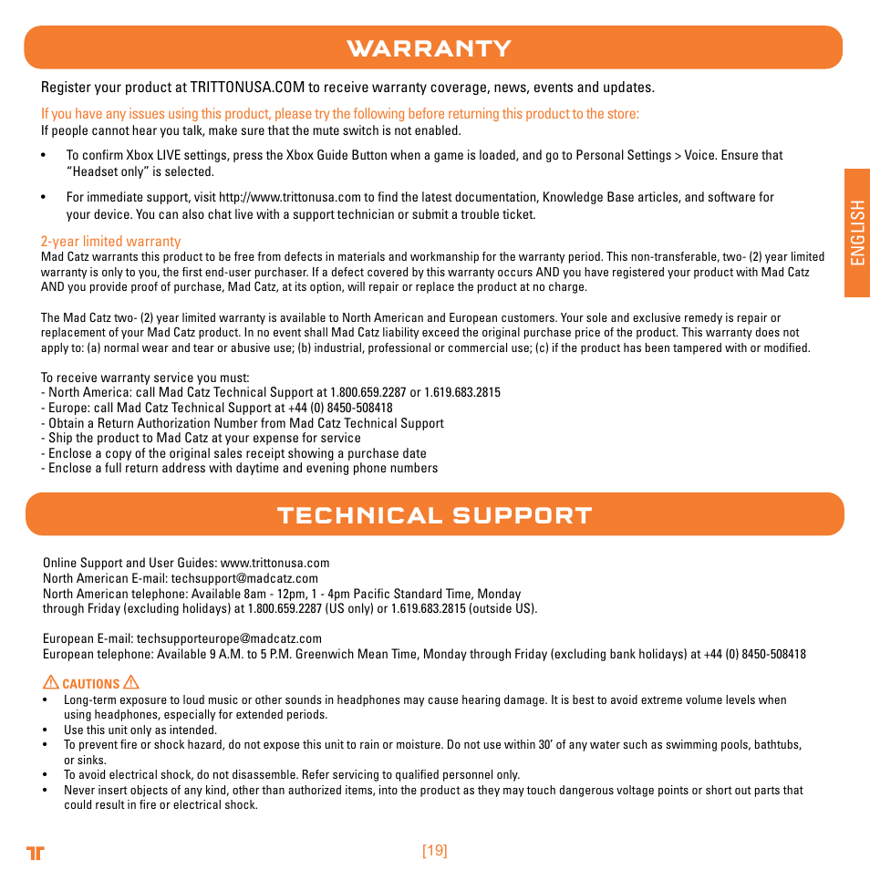 Warranty, Technical support, English | Mad Catz TRITTON Warhead 7.1 Wireless Surround Headset  User Manual | Page 19 / 132