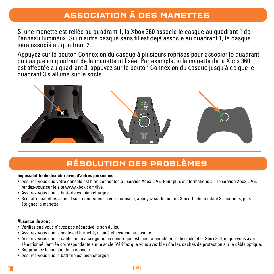 Association à des manettes, Résolution des problèmes | Mad Catz TRITTON Warhead 7.1 Wireless Surround Headset  User Manual | Page 34 / 132