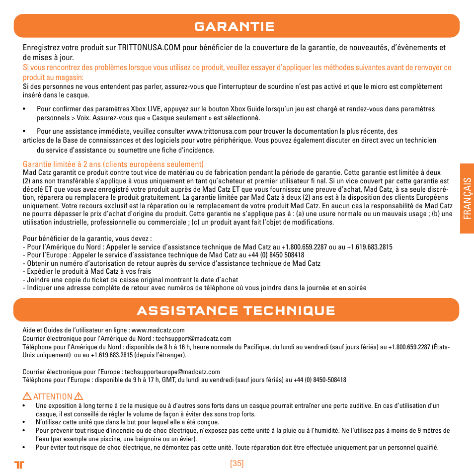 Garantie, Assistance technique, Français | Mad Catz TRITTON Warhead 7.1 Wireless Surround Headset  User Manual | Page 35 / 132