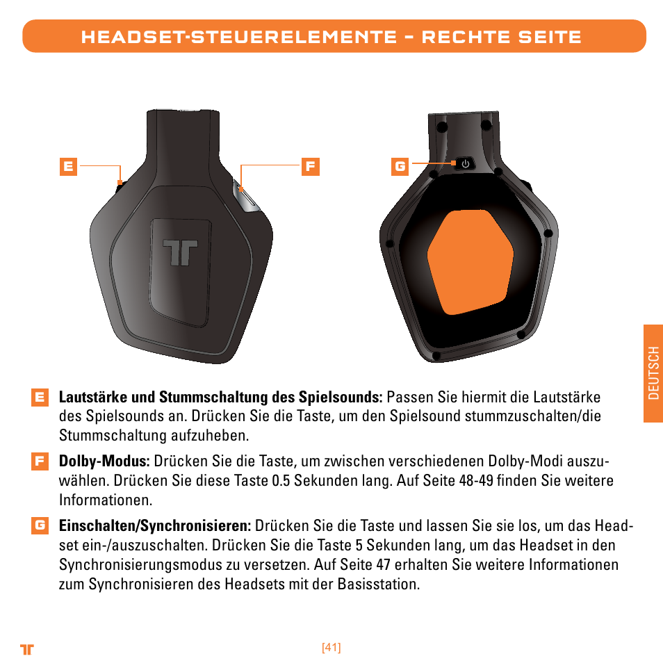 Headset-steuerelemente – rechte seite | Mad Catz TRITTON Warhead 7.1 Wireless Surround Headset  User Manual | Page 41 / 132