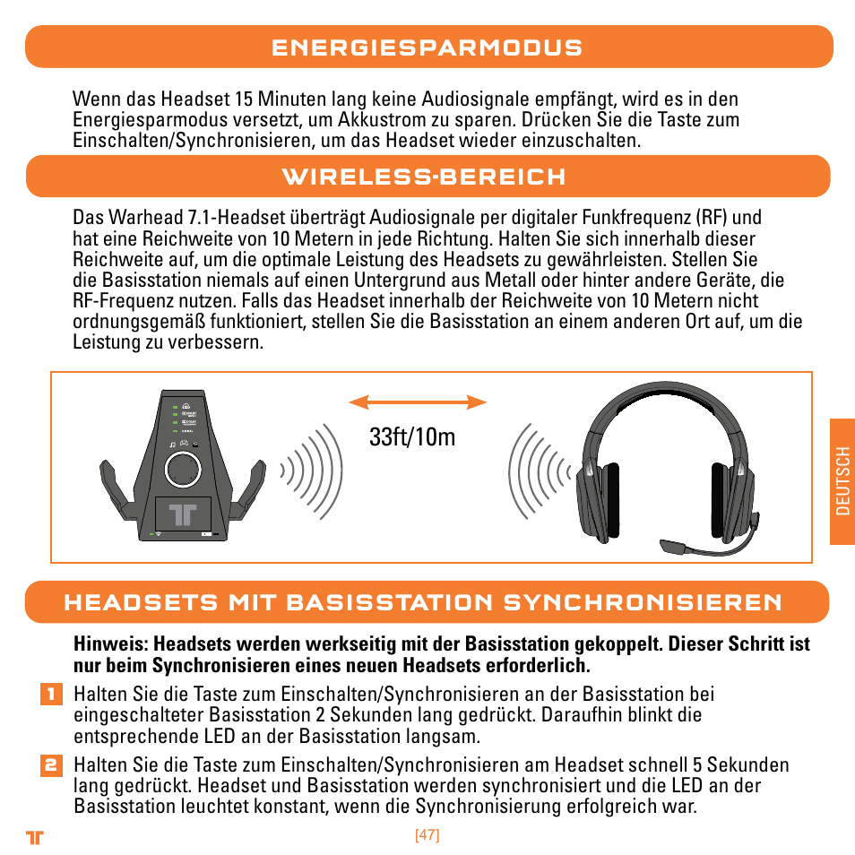 33ft/10m, Energiesparmodus, Wireless-bereich | Headsets mit basisstation synchronisieren | Mad Catz TRITTON Warhead 7.1 Wireless Surround Headset  User Manual | Page 47 / 132