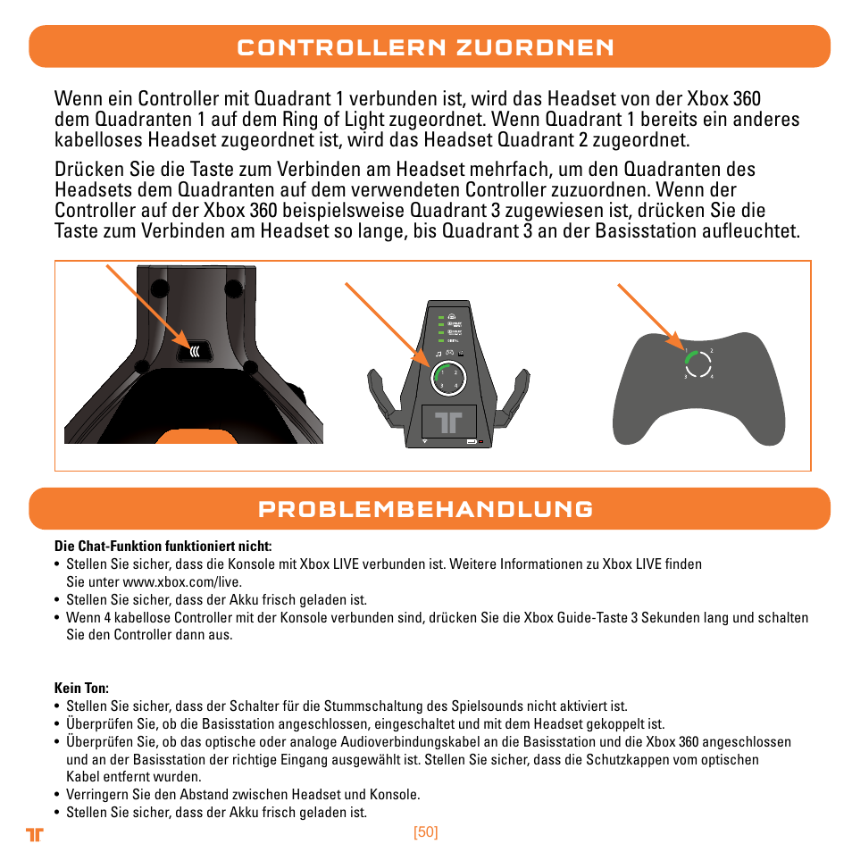 Controllern zuordnen, Problembehandlung | Mad Catz TRITTON Warhead 7.1 Wireless Surround Headset  User Manual | Page 50 / 132