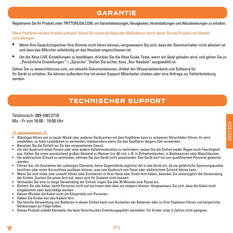 Garantie, Technischer support, Deutsch | Mad Catz TRITTON Warhead 7.1 Wireless Surround Headset  User Manual | Page 51 / 132