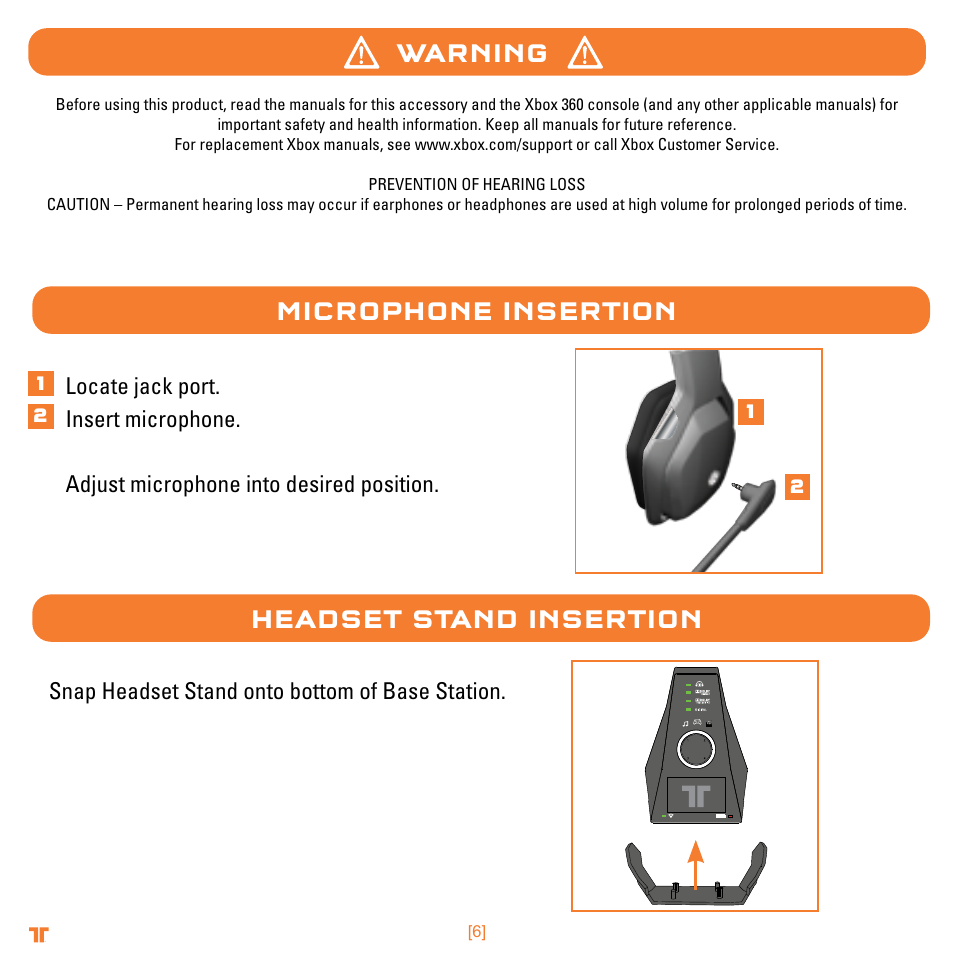 Warning, Microphone insertion headset stand insertion, Snap headset stand onto bottom of base station | Mad Catz TRITTON Warhead 7.1 Wireless Surround Headset  User Manual | Page 6 / 132