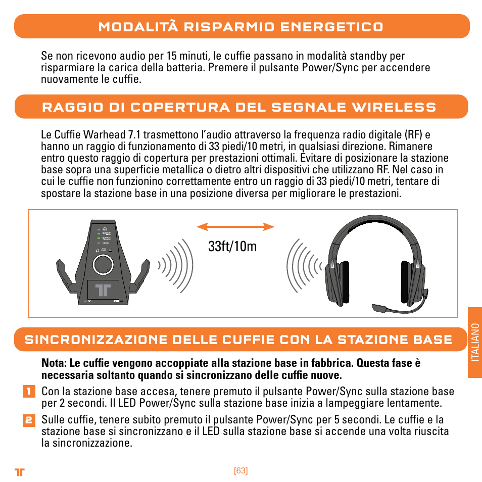33ft/10m, Modalità risparmio energetico, Raggio di copertura del segnale wireless | Sincronizzazione delle cuffie con la stazione base | Mad Catz TRITTON Warhead 7.1 Wireless Surround Headset  User Manual | Page 63 / 132