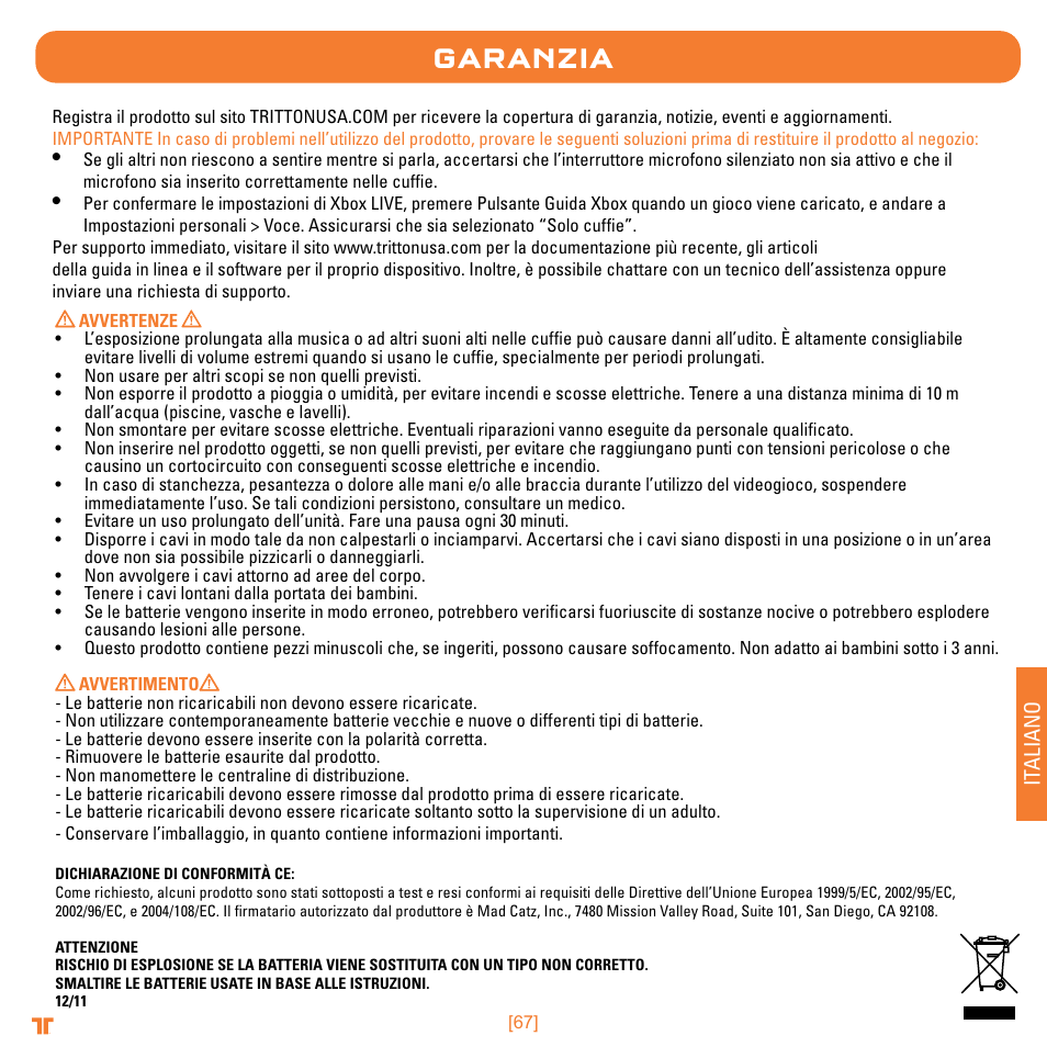 Garanzia, It aliano | Mad Catz TRITTON Warhead 7.1 Wireless Surround Headset  User Manual | Page 67 / 132