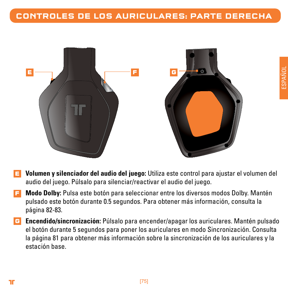 Controles de los auriculares: parte derecha | Mad Catz TRITTON Warhead 7.1 Wireless Surround Headset  User Manual | Page 75 / 132