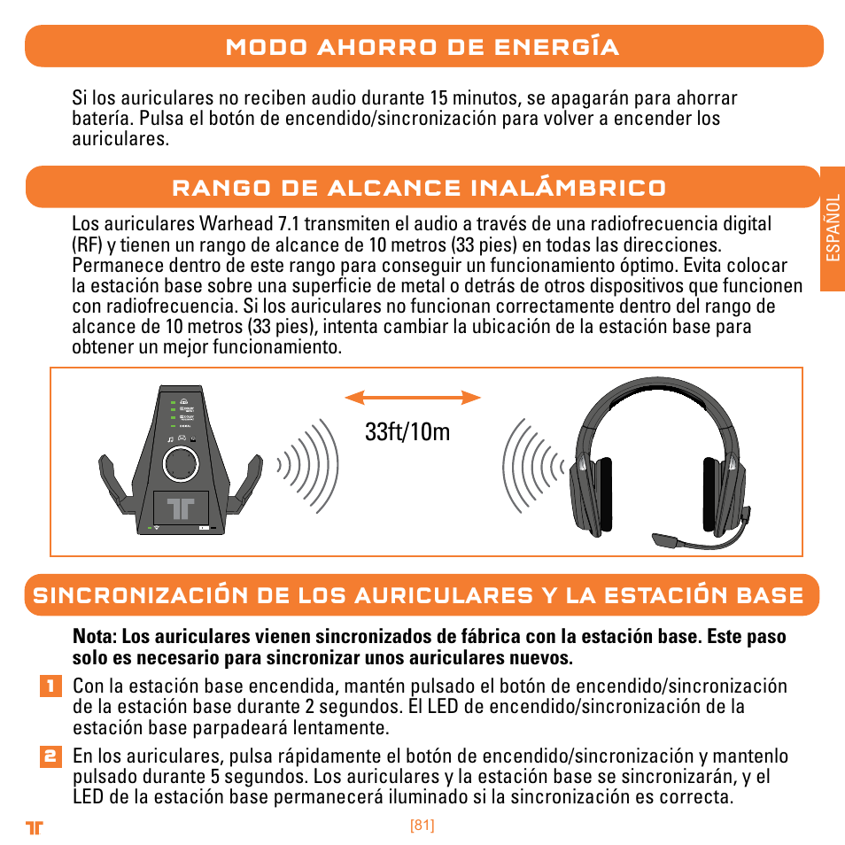 33ft/10m, Modo ahorro de energía, Rango de alcance inalámbrico | Mad Catz TRITTON Warhead 7.1 Wireless Surround Headset  User Manual | Page 81 / 132