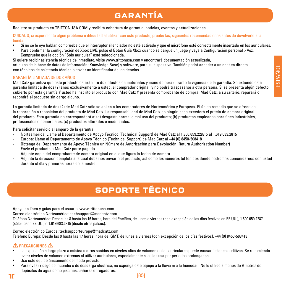 Garantía, Soporte técnico, Esp a ñ ol | Mad Catz TRITTON Warhead 7.1 Wireless Surround Headset  User Manual | Page 85 / 132