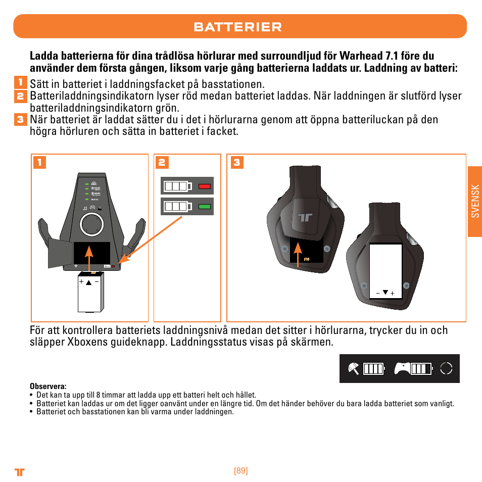 Batterier | Mad Catz TRITTON Warhead 7.1 Wireless Surround Headset  User Manual | Page 89 / 132